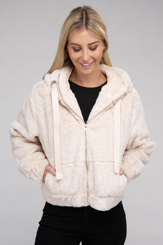 Women Fluffy Texture Zip-Up Teddy Hoodie Sweater | Zarnesh