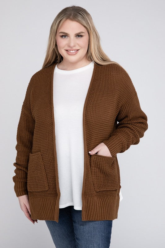 Women Plus Low Gauge Waffle Open Cardigan Sweater | Zarnesh