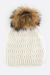 Women Raccoon Fur PomPom Chevron Knit Beanie | Zarnesh