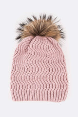 Women Raccoon Fur PomPom Chevron Knit Beanie | Zarnesh