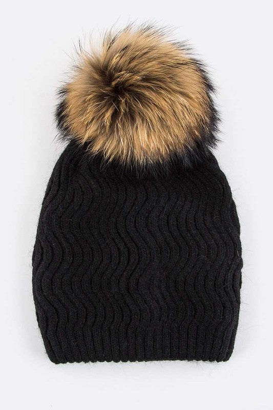 Women Raccoon Fur PomPom Chevron Knit Beanie | Zarnesh