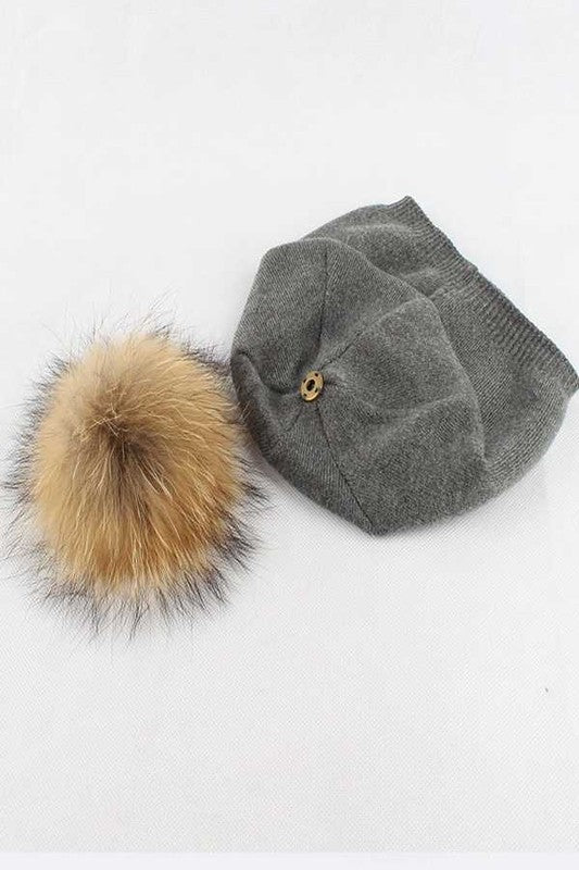 Women Raccoon Fur PomPom Pre-Sewed Slouchy Beanie | Zarnesh