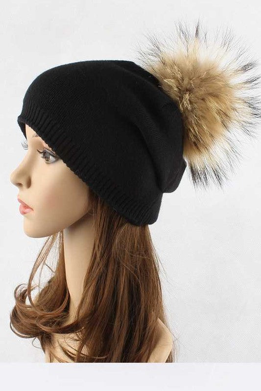 Women Raccoon Fur PomPom Pre-Sewed Slouchy Beanie | Zarnesh