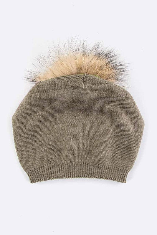 Women Raccoon Fur PomPom Pre-Sewed Slouchy Beanie | Zarnesh