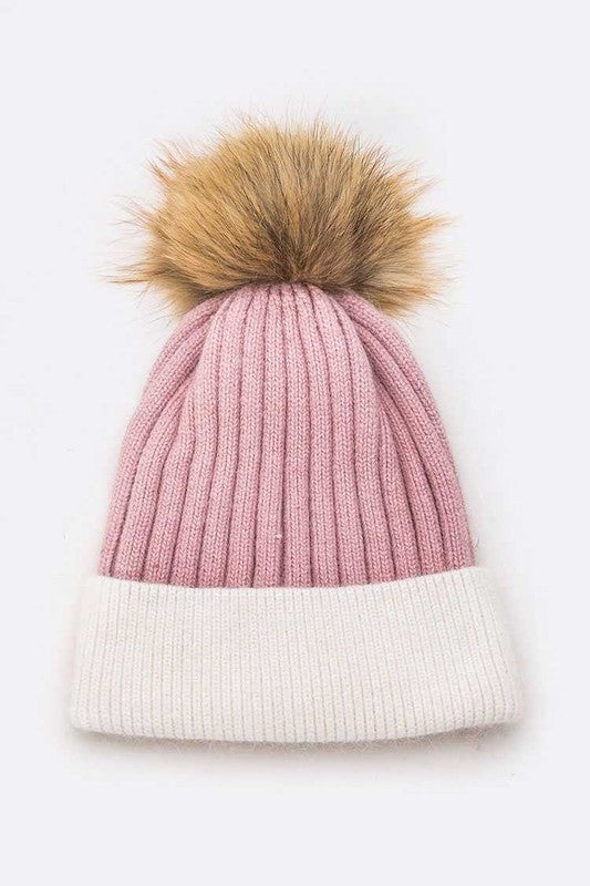 Women’s Raccoon Fur PomPom 2 Tone Beanie | Zarnesh