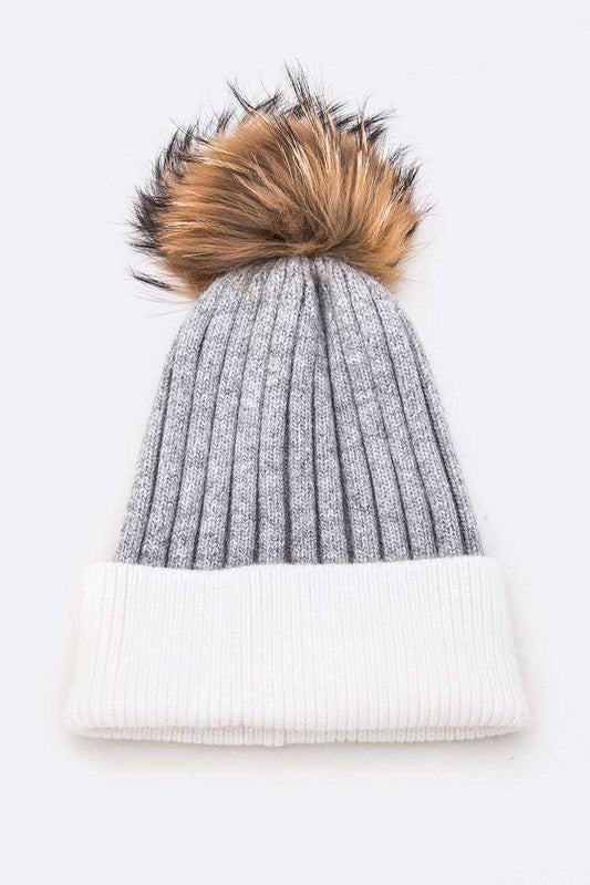 Women’s Raccoon Fur PomPom 2 Tone Beanie | Zarnesh