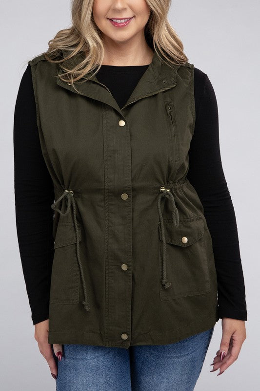 Women Plus Drawstring Waist Military Hoodie Vest | Zarnesh