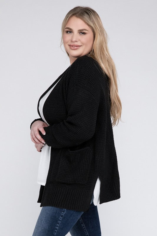 Women Plus Low Gauge Waffle Open Cardigan Sweater | Zarnesh