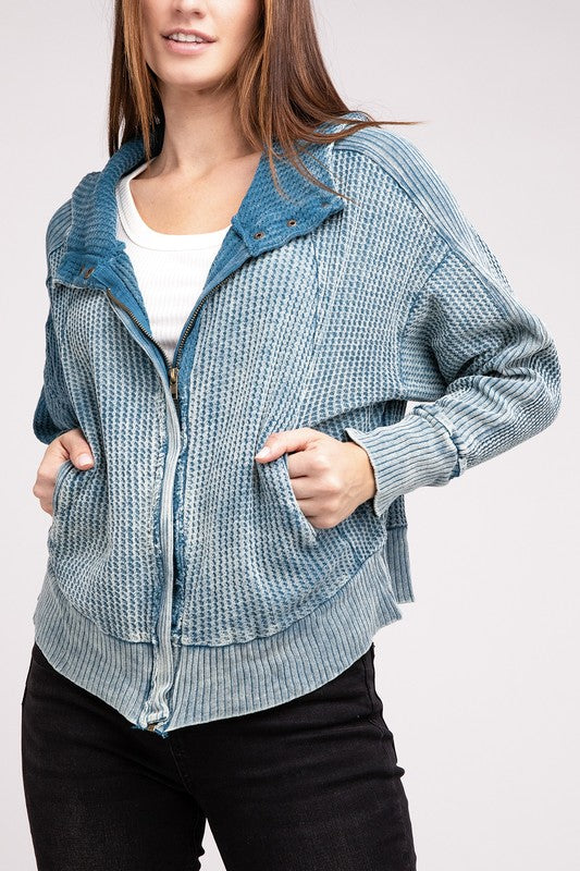 Women Acid Wash Cotton Waffle Hooded Zip Up Jacket | Zarnesh