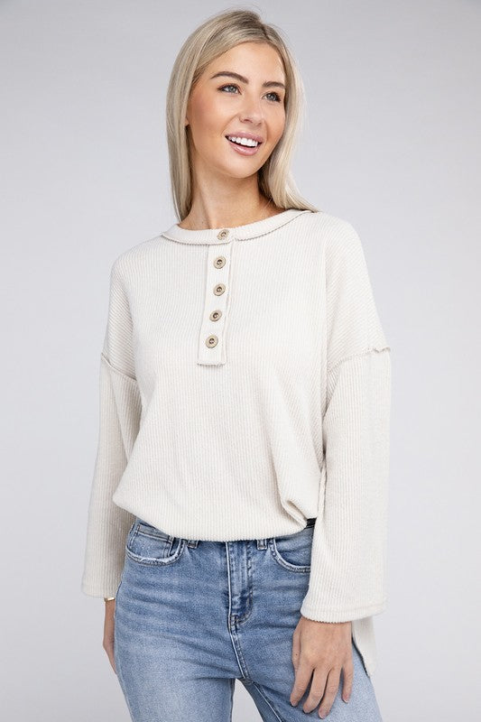 Women Ribbed Brushed Melange Hacci Henley Sweater | Zarnesh