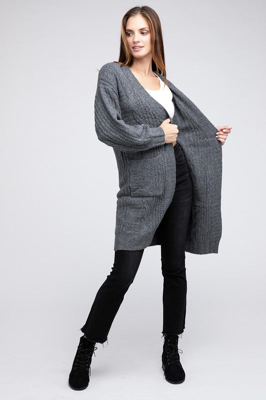 Women Twist Knitted Open Front Cardigan with Pockets | Zarnesh