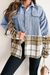 Women Plaid Patchwork Buttoned Oversized Denim Jacket | Zarnesh