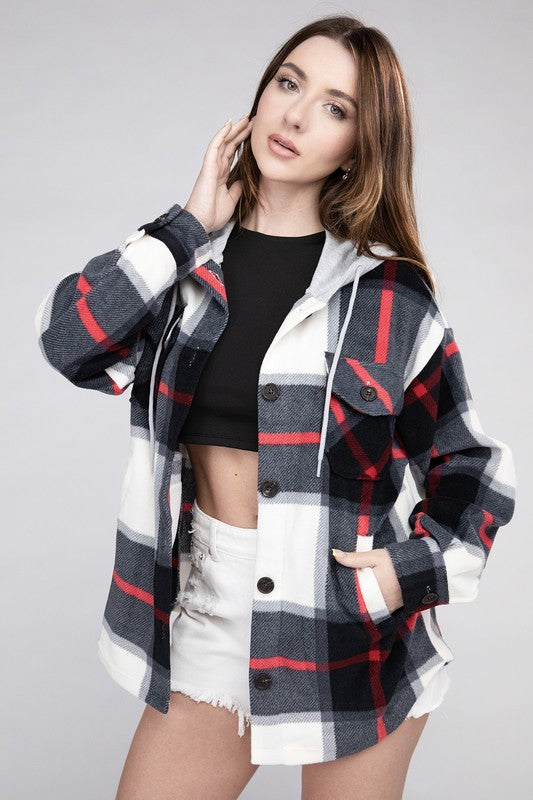 Women Plaid Drawstring Hooded Soft Fleece Shacket | Zarnesh