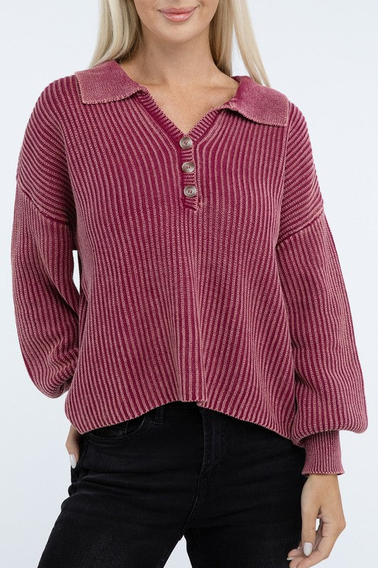 Women’s Washed Collared Henley Sweater | Zarnesh

