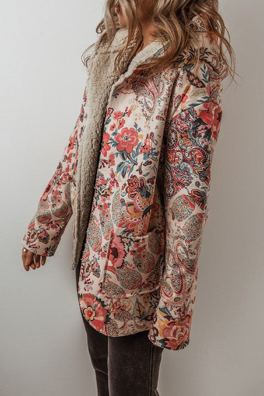 Women Floral Printed Sherpa Lined Hooded Jacket | Zarnesh