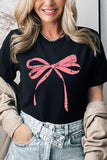 Women Unisex Crew Neck Pink Valentine Bow Graphic Plus Tee Zarnesh