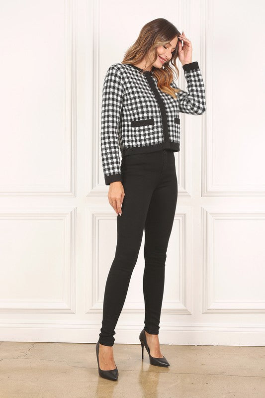 Women Black Check Knitted Jacket | Zarnesh