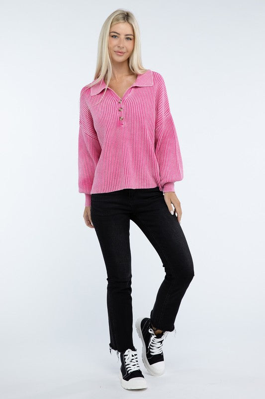 Women’s Washed Collared Henley Sweater | Zarnesh

