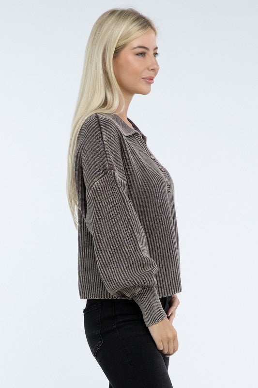 Women’s Washed Collared Henley Sweater | Zarnesh