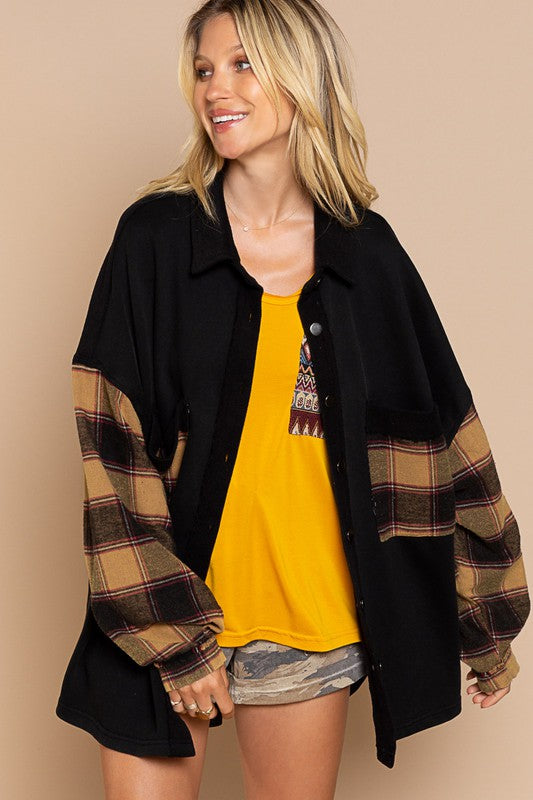 Women Long Sleeve with Plaid Detail Sleeve Shacket | Zarnesh