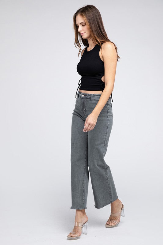 WOMEN'S Acid Wash Frayed Cutoff Hem Straight Wide Pants | ZARNESH