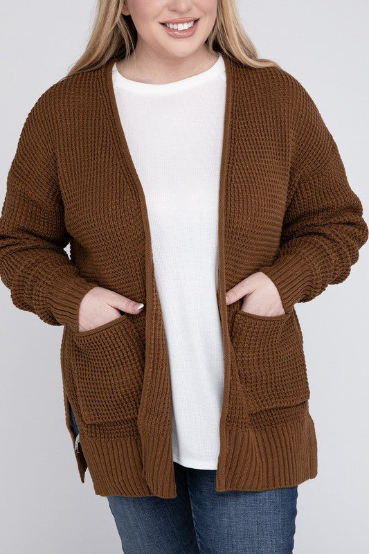 Women Plus Low Gauge Waffle Open Cardigan Sweater | Zarnesh