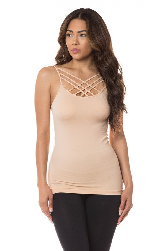 Women Seamless Spaghetti Straps Triple Criss Cross Front Cami Zarnesh