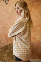 Women Stripe Collar Chest Pockets Button Down Long Sleeve Shacket Zarnesh