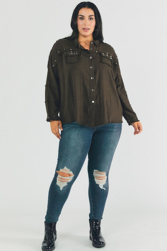 Women’s Plus Distressed Hem Button Down Oversize Shirt | Zarnesh