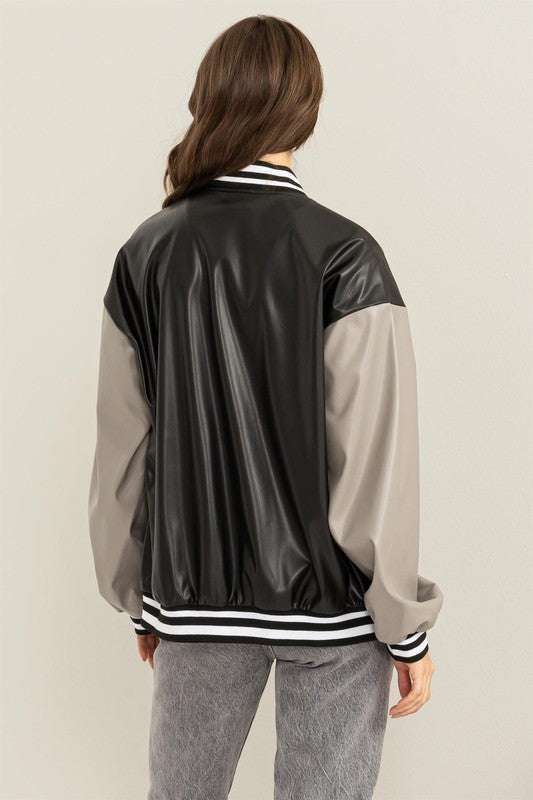 Women Game On PU Colorblock Baseball Jacket | Zarnesh