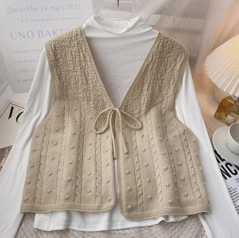 Women Vintage Lace Up Korean V-Neck Knitted Tank Vest | Zarnesh