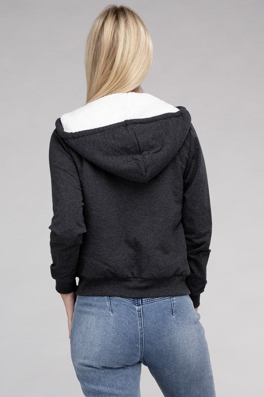 Women Fuzzy Trim Zip-Up Crop Sweater-Style Hoodie | Zarnesh