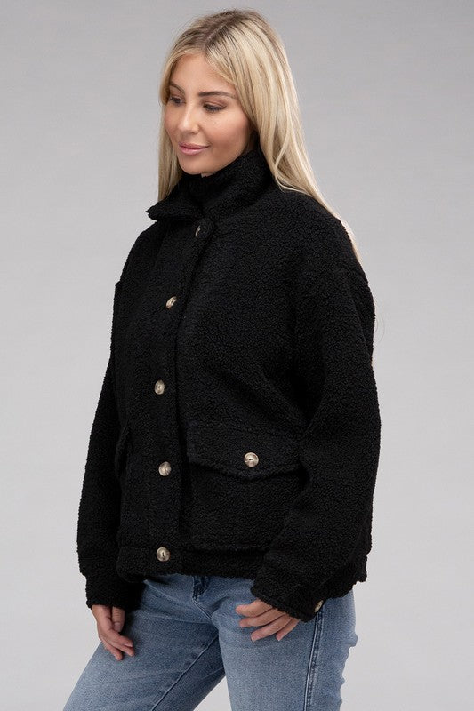 Women Cozy Long Sleeve Sherpa Button-Front Jacket | Zarnesh