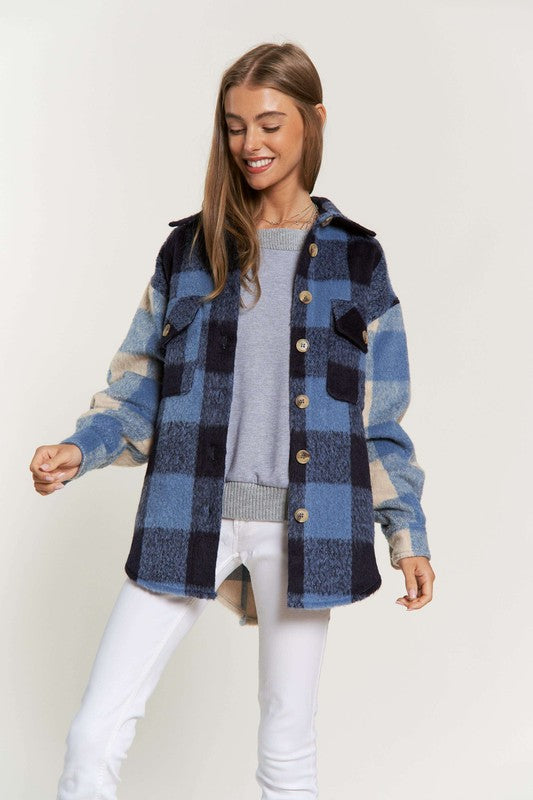 Women Plaid Chest Pocket Detail Shacket - Blue Multi  | Zarnesh