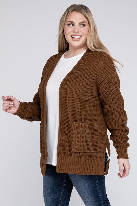 Women Plus Low Gauge Waffle Open Cardigan Sweater | Zarnesh