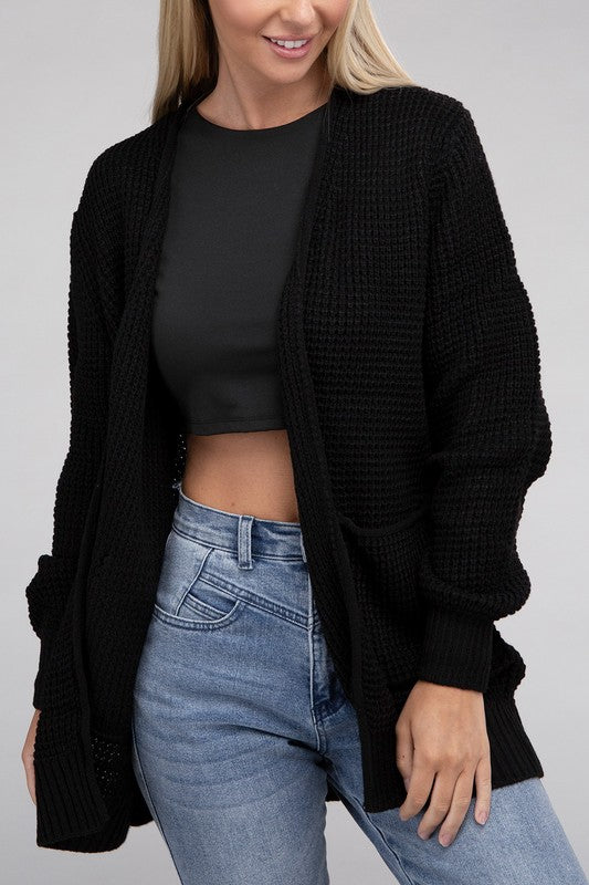 Women Low Gauge Waffle Open Cardigan Sweater | Zarnesh