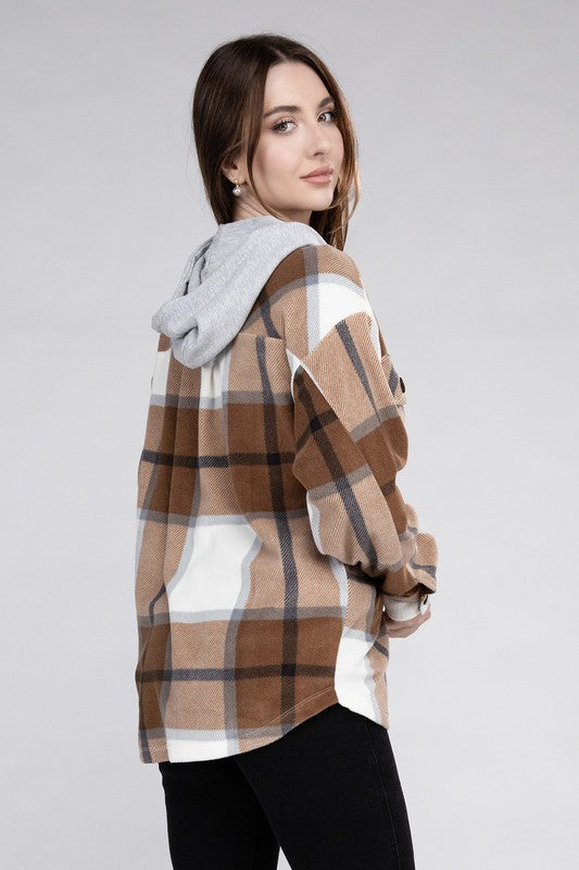 Women Plaid Drawstring Hooded Soft Fleece Shacket | Zarnesh