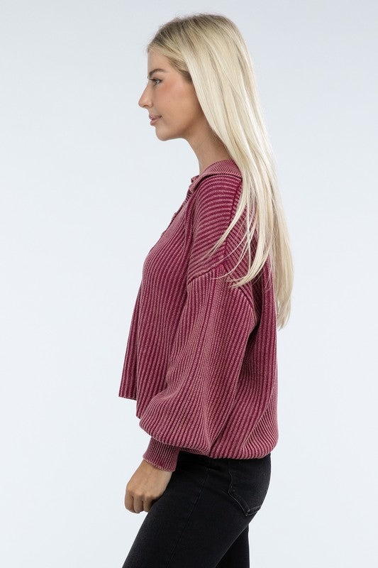 Women’s Washed Collared Henley Sweater | Zarnesh

