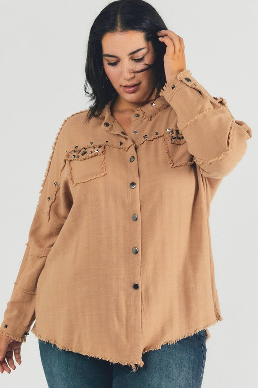 Women’s Plus Distressed Hem Button Down Oversize Shirt | Zarnesh