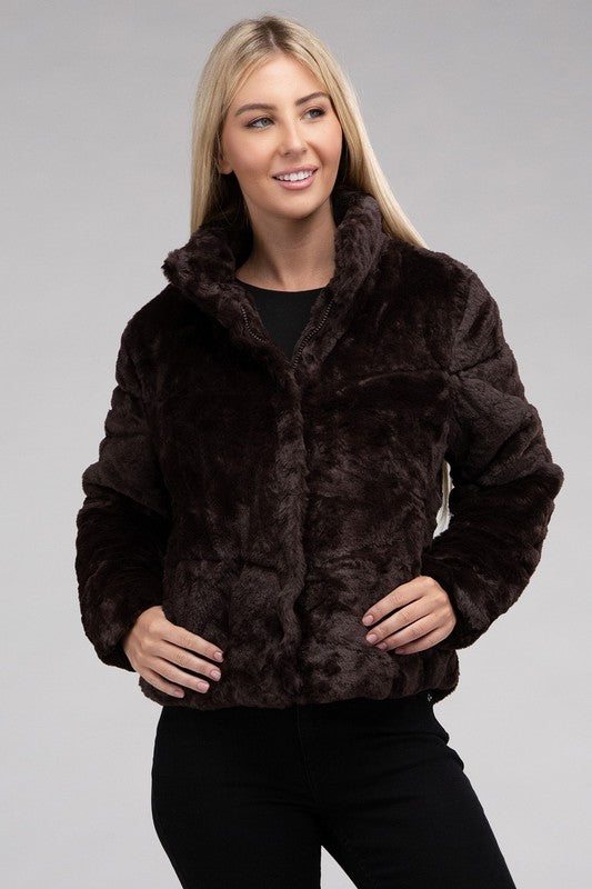 Women Fluffy Zip-Up Functional Pockets Sweater Jacket | Zarnesh