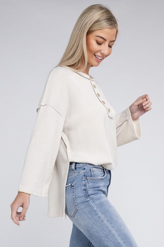 Women Ribbed Brushed Melange Hacci Henley Sweater | Zarnesh