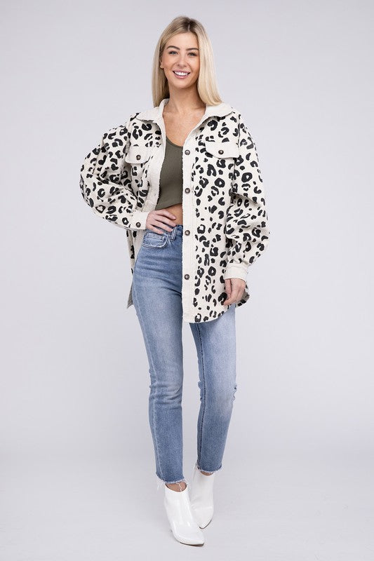 Women Vintage Washed Leopard Corduroy Buttoned Jacket | Zarnesh
