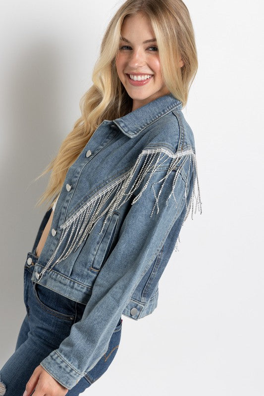 Women Crop Denim Jacket With Rhinestone Fringe | Zarnesh