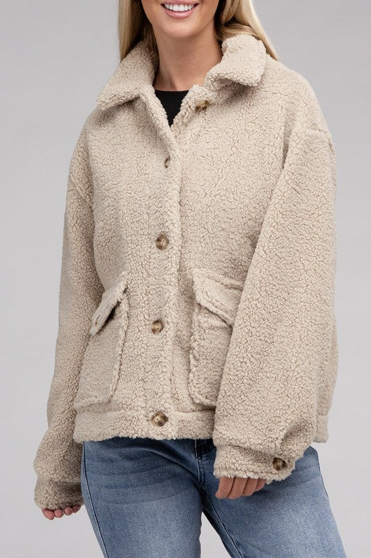 Women Cozy Long Sleeve Sherpa Button-Front Jacket | Zarnesh