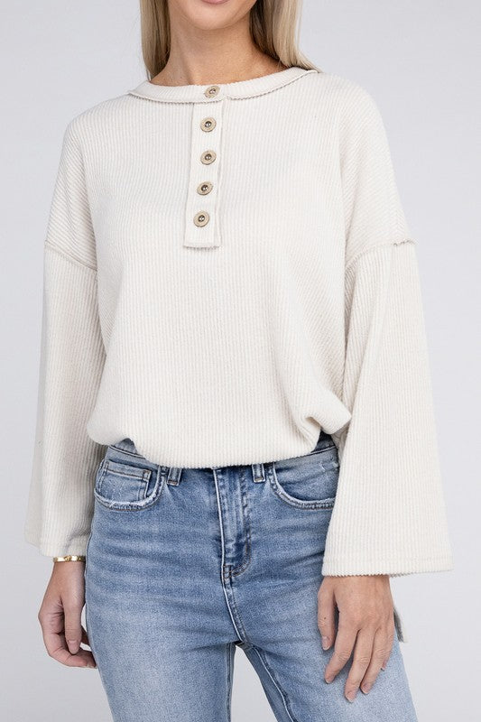 Women Ribbed Brushed Melange Hacci Henley Sweater | Zarnesh