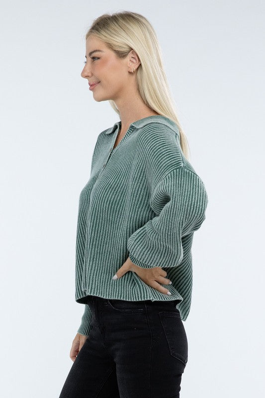 Women’s Washed Collared Henley Sweater | Zarnesh

