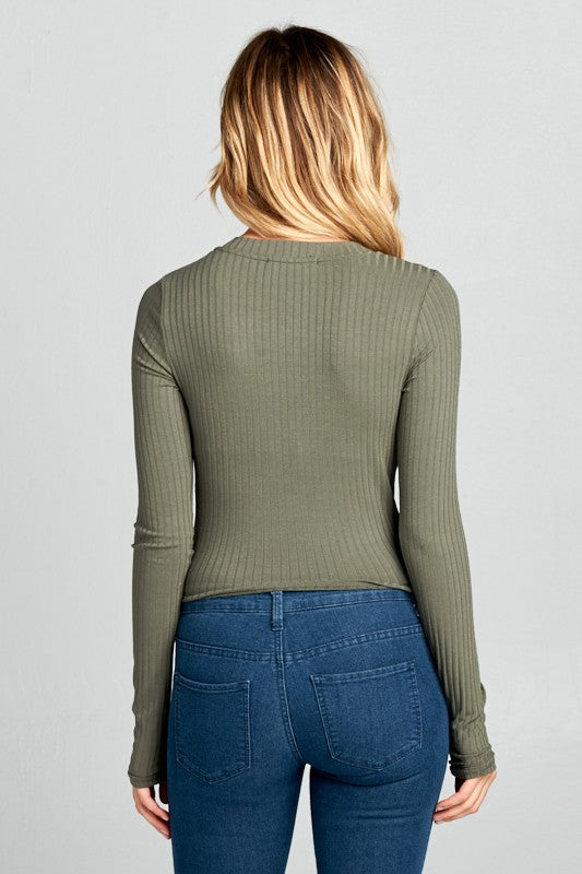 Women Round Neck Long Sleeve Ribbed Knit Cropped Top Zarnesh