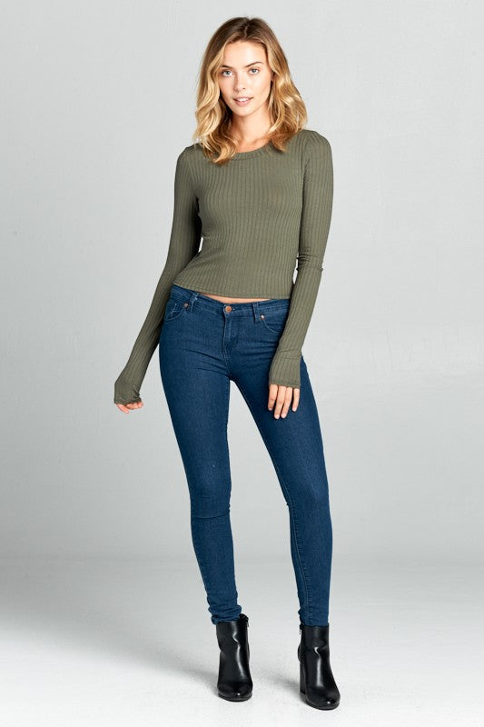 Women Round Neck Long Sleeve Ribbed Knit Cropped Top Zarnesh