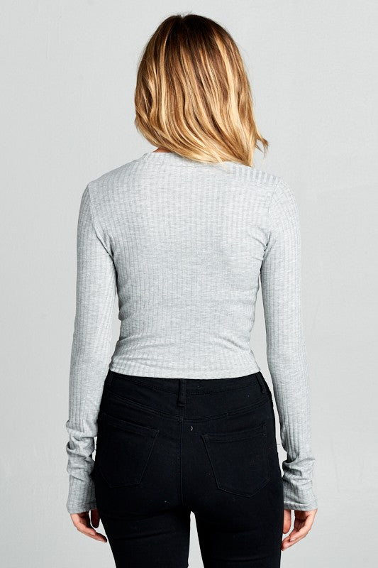 Women Round Neck Long Sleeve Ribbed Knit Cropped Top Zarnesh