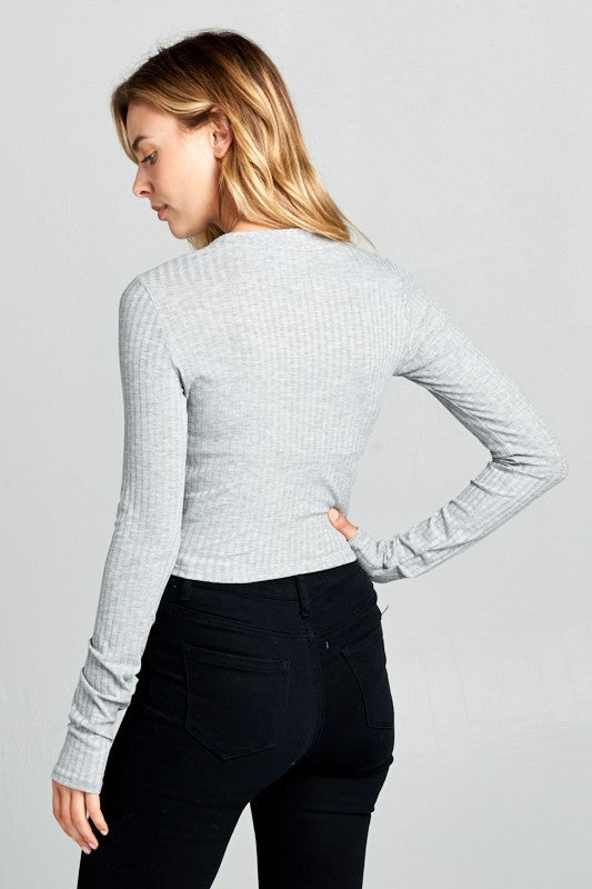 Women Round Neck Long Sleeve Ribbed Knit Cropped Top Zarnesh